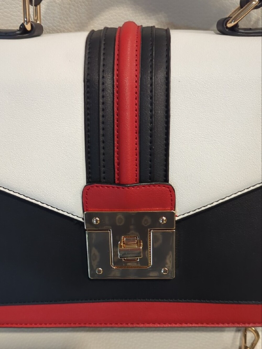 Colorblock Structured Top-Handle Satchel in White, Black & Red - Picture 2 of 5
